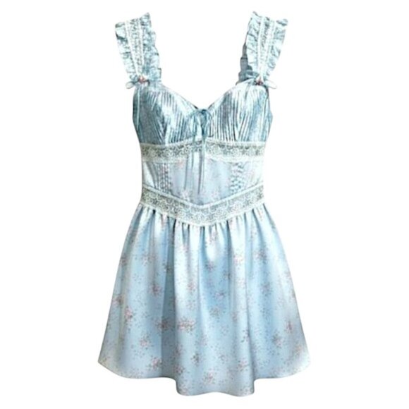 For Love And Lemons Dresses & Skirts - For Love & Lemons Ellery Baby Blue Floral Satin Slip Dress S Romantic Mini